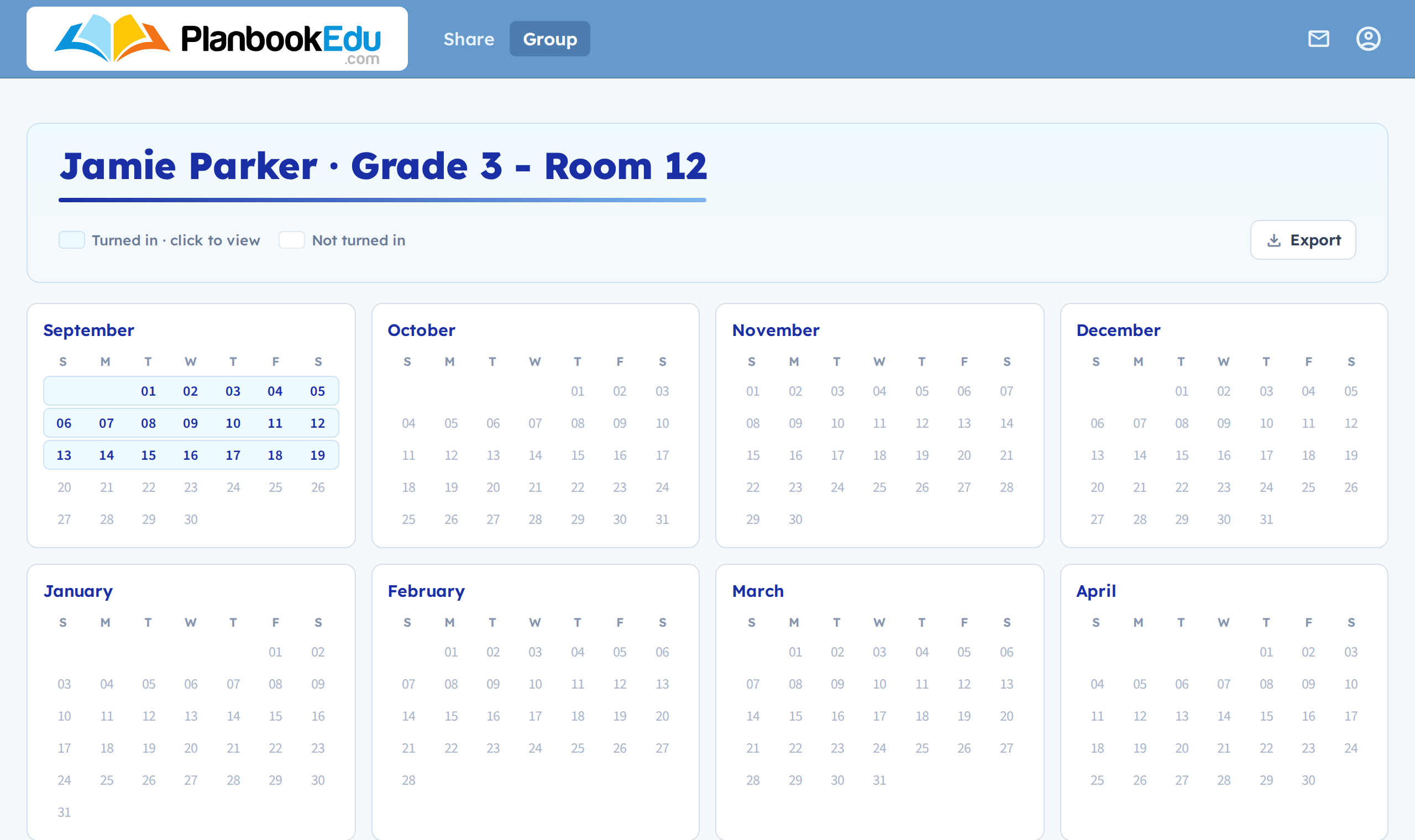 A teacher's year, with turned-in weeks highlighted