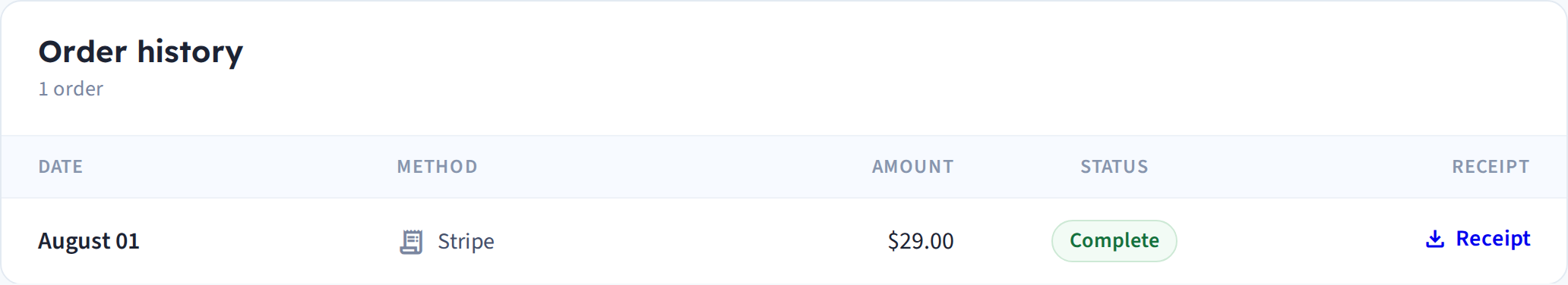 Order history on the account page