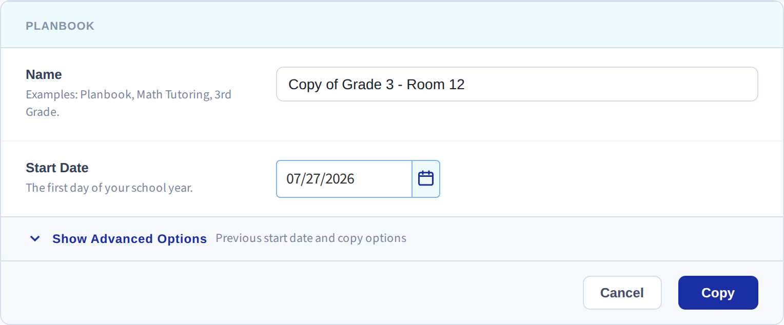The copy form — Previous Start Date is the one that matters