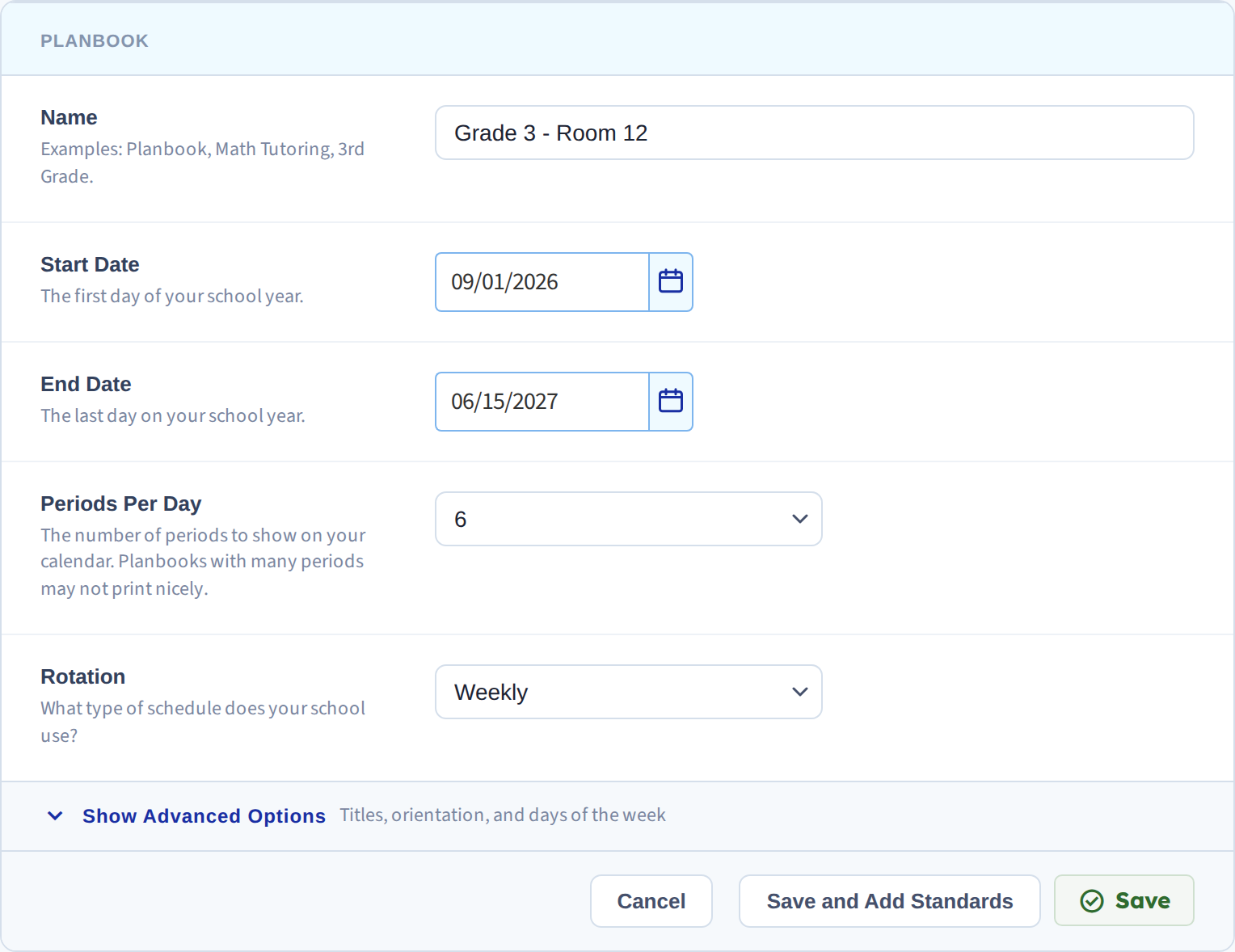 The four basic planbook settings