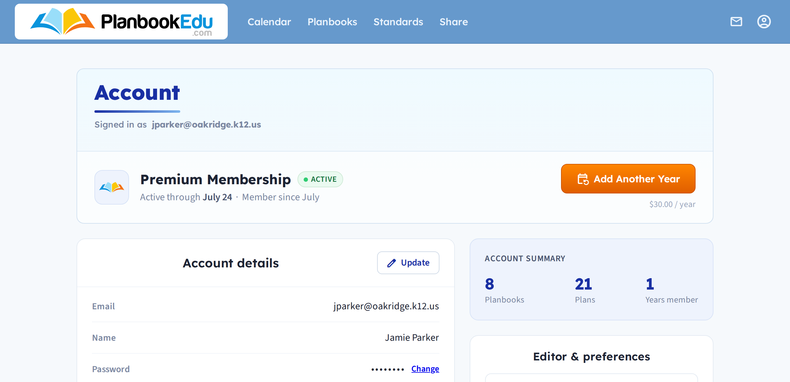 The account page