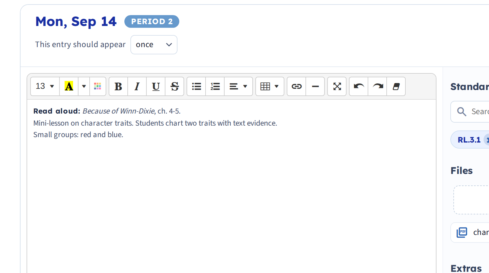 The lesson entry editor