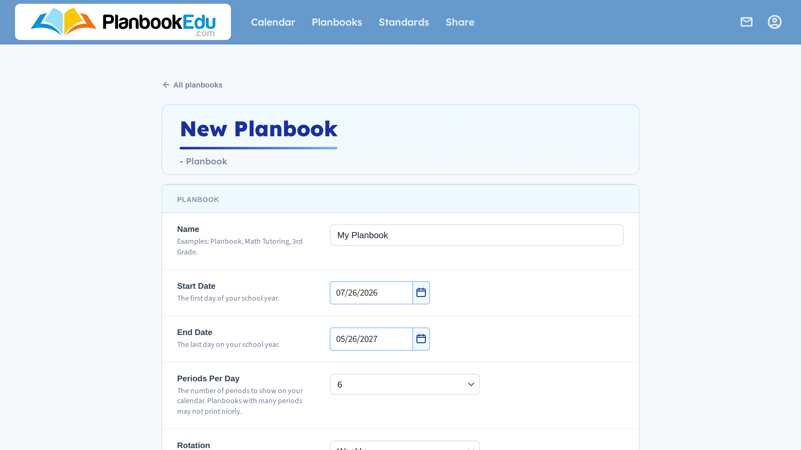 The New Planbook form