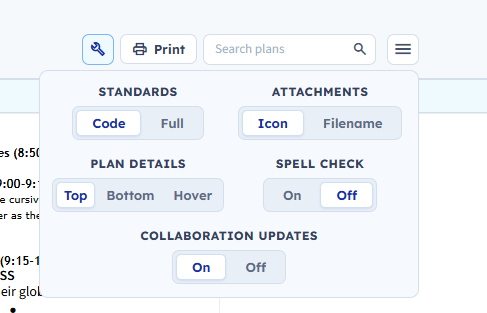 The Plan Details toggle in the options panel: Top, Bottom, or Hover