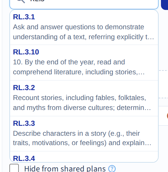 Typing part of a code or its wording brings up matches